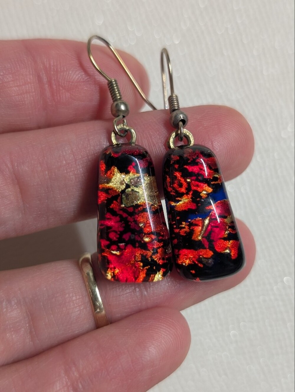 Handcrafted Red and Gold Dichroic Glass Drop Earrings Murano Molten Gold